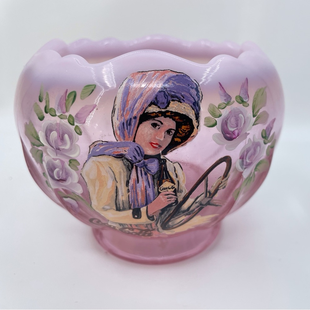 Fenton Pink Glass Coca Cola Gibson Girl Rose Bowl Tea Light Hand Painted Signed